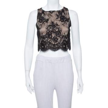Pre Owned Alice + Olivia Black Scallop Lace Overlay Sleeveless Cropped Top XS