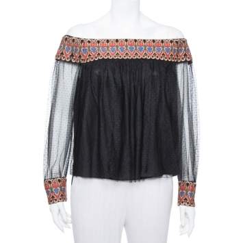 Pre Owned Alice + Olivia Black Tulle Contrast Trim Detail Off Shoulder Top L
