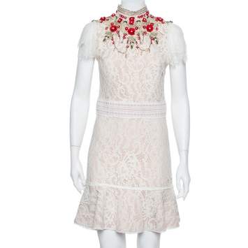 مملوكة مسبقًا Alice + Olivia Cream Lace Embellished Fit & Flare Francine Mini Dress M