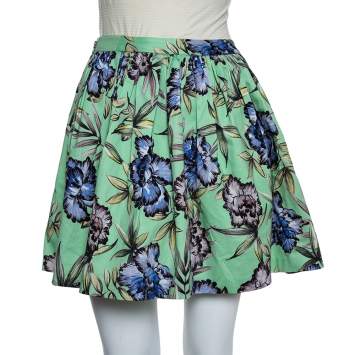 Pre Owned Alice +Olivia Green Floral Printed Cotton Pleated Tania Skirt S