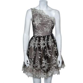 مملوكة مسبقًا Alice + Olivia Monochrome Embroidered Lace One Shoulder Morganne Dress XS