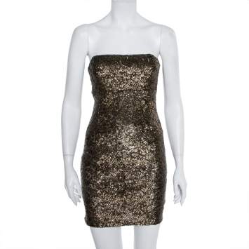 Pre Owned Alice + Olivia Gold Sequin Embellished Strapless Mini Dress S