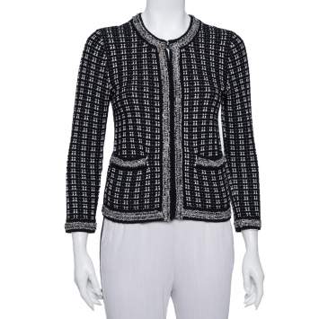 Pre Owned Alice + Olivia Monochrome Tweed Embellished Georgia Jacket S