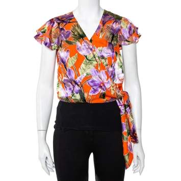 Pre Owned Alice + Olivia Orange Floral Devore Wrap Top L