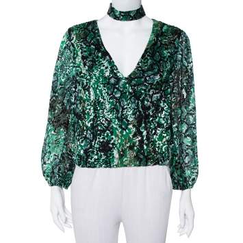 Pre Owned Alice + Olivia Green Animal Printed Devore Faux Wrap Choker Detail Top L