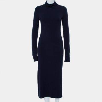 Pre Owned Alice + Olivia Navy Blue Knit Turtle Neck Long Sleeve Slit Detail Maxi Dress M