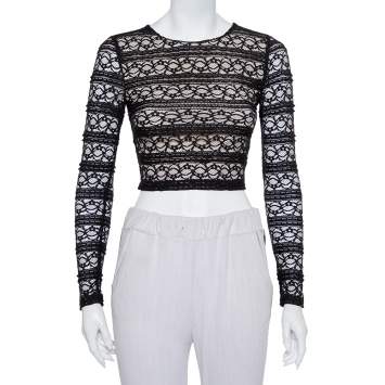 Pre Owned Alice + Olivia Black Lace Long Sleeve Rilo Crop Top XS