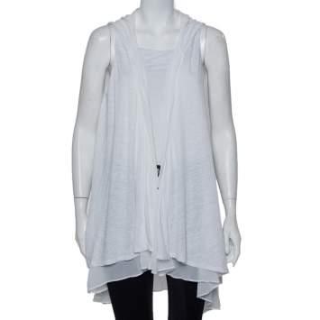 Pre Owned Alice & Olivia Air White Linen Hooded Open Front Layered Shrug L