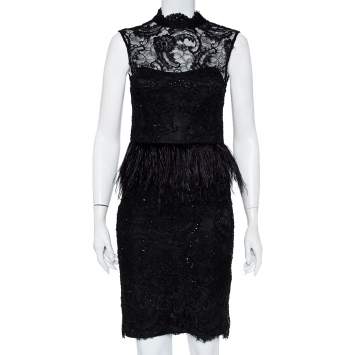 Pre Owned Alice + Olivia Black Embellished Lace & Feather Trim Patricia Peplum Dress S