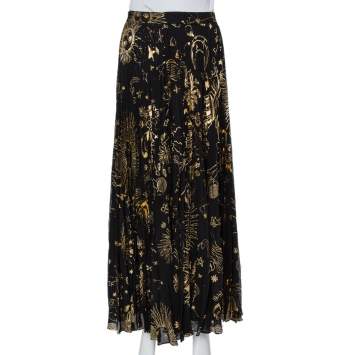 مملوكة مسبقًا Alice + Olivia Black Metallic Sun Printed Plisse Maxi Skirt S