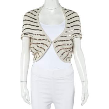Pre Owned Alice + Olivia Oatmeal Cotton Sequin Embellished Harlow Shrug M