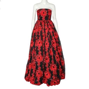 مملوكة مسبقًا Alice + Olivia Black & Red Floral Embroidered Strapless Gown XS   