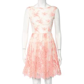 Pre Owned Alice + Olivia Off-White & Pink Floral Lace Sleeveless Mini Dress S