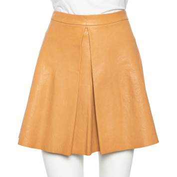 مملوكة مسبقًا Alice + Olivia Camel Brown Leather Pleat Detail Mini Skirt M