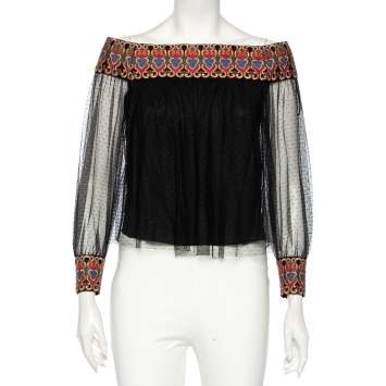 Pre Owned Alice + Olivia Black Embroidered Tulle Off-Shoulder Blouse XS