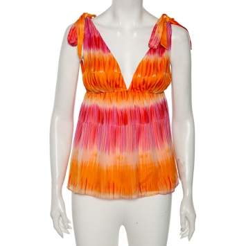 Pre Owned Alice + Olivia Orange & Pink Silk Plunge Neck Tie-Up Detail Top S