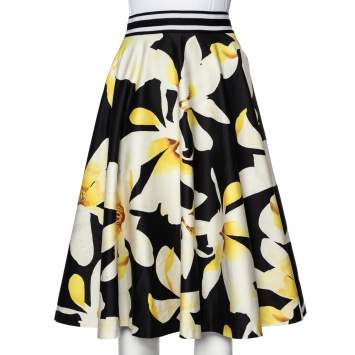 Pre Owned Alice + Olivia Black Magnolia Print Cotton Dianna Midi Skirt L