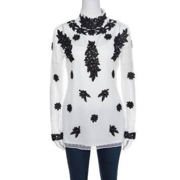 Pre Owned Alice by Temperley White Dotted Tulle Contrast Floral Lace Applique Evelyn Top M