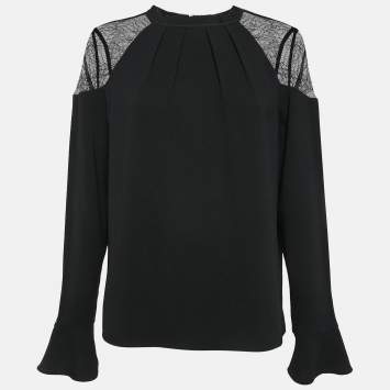 Pre Owned All Saints Black Crepe Lace Trimmed Shoulder Top L