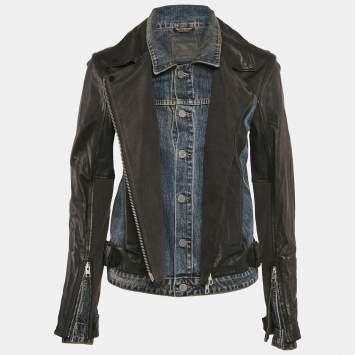 Pre Owned All Saints Denim and Leather Zip-Up Biker Jacket M