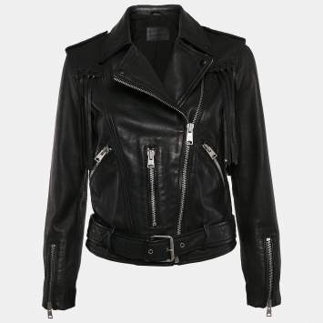 Pre Owned All Saints Black Leather Zip-Up Tassel Detail Balfern Biker Jacket S