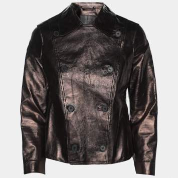 Pre Owned All Saints Metallic Brown Leather Double Breasted Jacket S