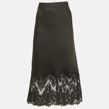 Pre Owned All Saints Black Satin Lace Trim Bridgette Midi Skirt S