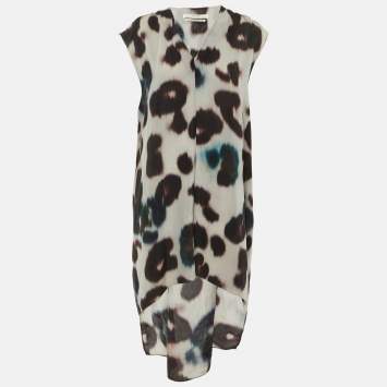 مملوكة مسبقًا All Saints Grey Animal Printed Silk High-Low Hem Shift Dress M