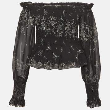 Pre Owned All Saints Black Floral Print Crepe off Shoulder Lara Initium Top M