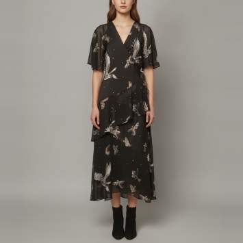 Pre Owned All Saints Black Printed Crepe Asymmetrical Wrap Around Alana Dress L 