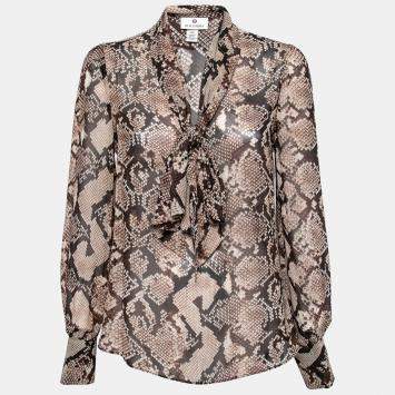 Pre Owned Altuzarra Brown Python Print Chiffon Bow Tie Detail Blouse S 