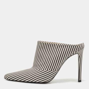 Pre Owned Altuzarra Black/White Fabric Striped Mules Size 38.5
