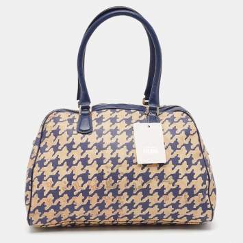 Pre Owned Alviero Martini 1A Classe Blue/Beige Pattern Print Coated Canvas Satchel