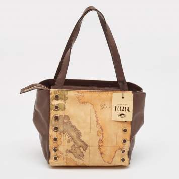 Pre Owned Alviero Martini 1A Classe Tan/Black Geo Print Coated Canvas and Leather Studded Tote