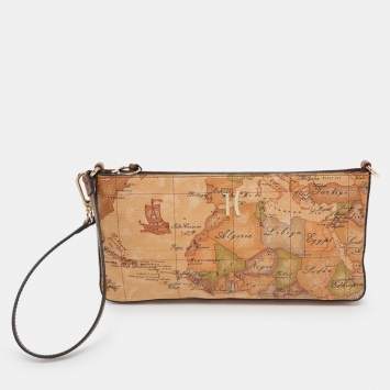 Pre Owned Alviero Martini 1A Classe Brown Geo Print Leather Clutch Wristlet Clutch