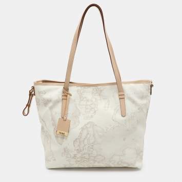 Pre Owned Alviero Martini 1A Classe White Geo Printed Coated Canvas and Leather Tote