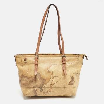 Pre Owned Alviero Martini 1A Classe Tan Coated Canvas and Leather Geo Print Zip Tote