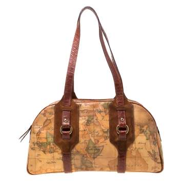 Pre Owned Alviero Martini 1A Classe Brown Geo Print Canvas and Leather Satchel         