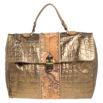 Pre Owned Alviero Martini 1A Classe Metallic Gold Croc Embossed Leather and Coated Canvas Geo Print Top Handle Bag