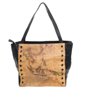 Pre Owned Alviero Martini 1A Classe Brown/Black Geo Print Coated Canvas Tote