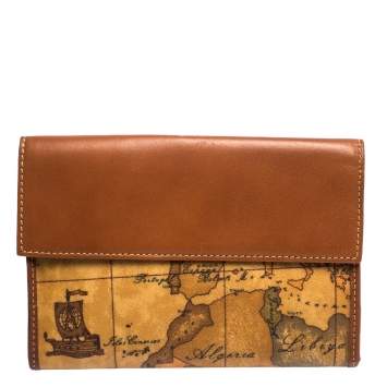 Pre Owned Alviero Martini 1A Classe Tan Geo Map Coated Canvas and Leather Multiple Pocket Flap Wallet