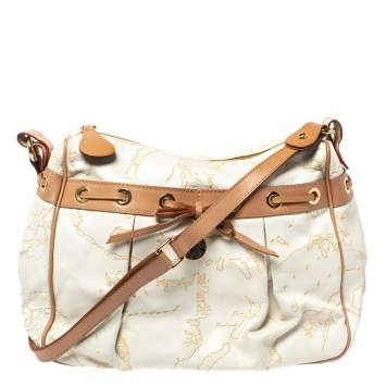 Pre Owned Alviero Martini 1A Classe White Geo Embossed Canvas Bow Satchel