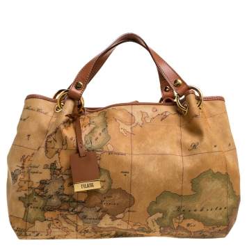 Pre Owned Alviero Martini 1A Classe Brown Geo Print Coated Canvas Contemporary Satchel