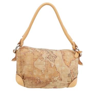 Pre Owned Alviero Martini 1A Classe Geo Print Beige/Brown Canvas And Leather Shoulder Bag
