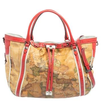 Pre Owned Alviero Martini 1A Classe Tan Geo Print Coated Canvas and Leather Drawstring Shoulder Bag