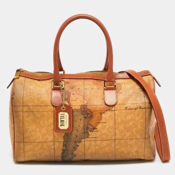 Pre Owned Alviero Martini 1A Classe Tan Geo Classic Print Coated Canvas and Leather Boston Satchel