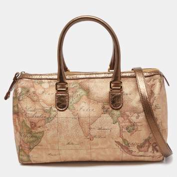 Pre Owned Alviero Martini 1A Classe Gold/Bronze Geo Classic Print Coated Canvas and Leather Boston Satchel
