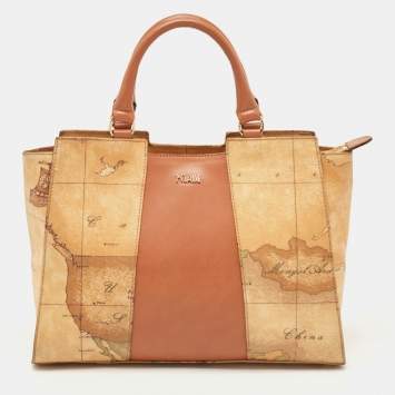 Pre Owned Alviero Martini 1A Classe Tan/Brown Geo Classic Print Coated Canvas and Leather Tote