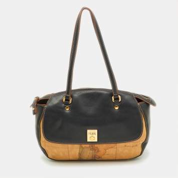 Pre Owned Alviero Martini 1A Classe Tan/Black Geo Print Coated Canvas and Leather Satchel