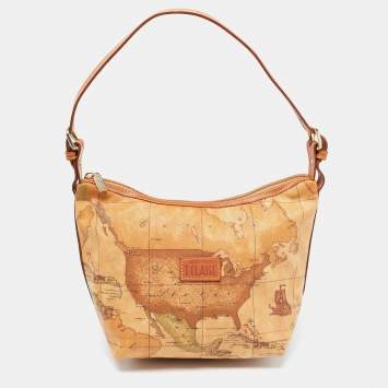 Pre Owned Alviero Martini 1A Classe Tan Geo Classic Print Coated Canvas and Leather Baguette Bag